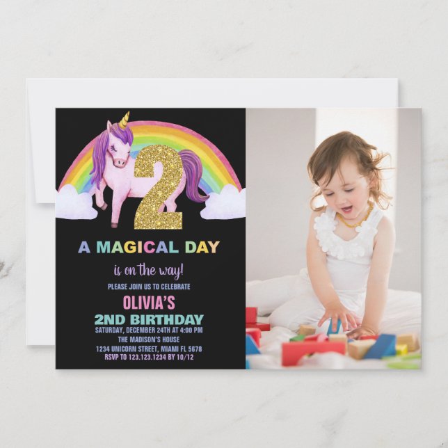 2nd Rainbow Unicorn Birthday Invitations photo (Front)