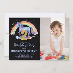 2nd Rainbow Unicorn Birthday Invitations photo
