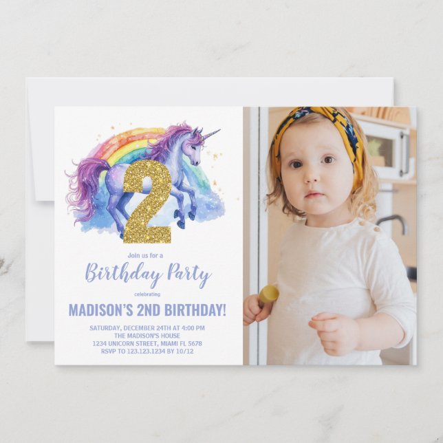 2nd Rainbow Unicorn Birthday Invitations photo (Front)
