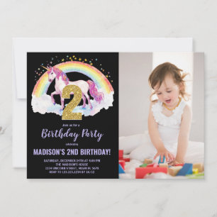 2nd Rainbow Unicorn Birthday Invitations photo