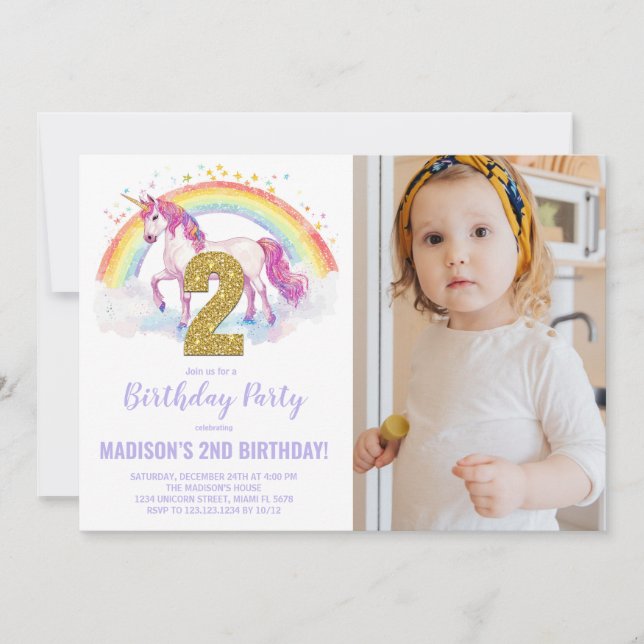 2nd Rainbow Unicorn Birthday Invitations photo (Front)