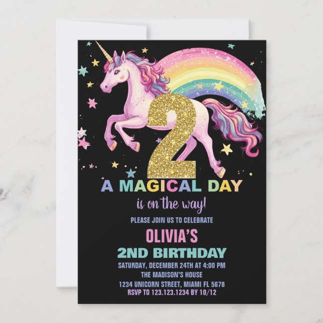 2nd Unicorn Birthday Invitations Black (Front)