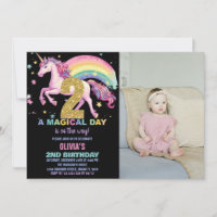 2nd Unicorn Birthday Invitations Black w photo