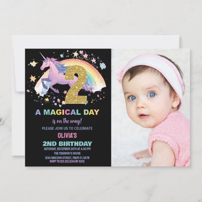 2nd Unicorn Birthday Invitations with photo (Front)