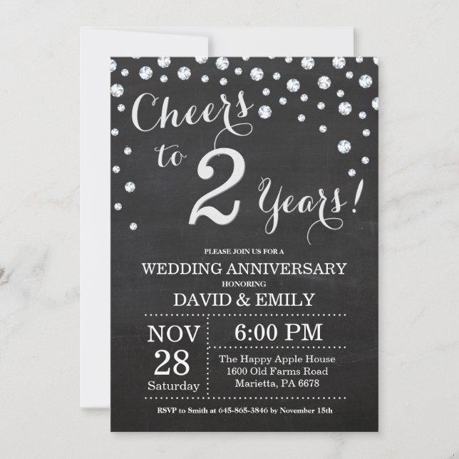 2nd Wedding Anniversary Chalkboard Black Silver Invitation (Front)