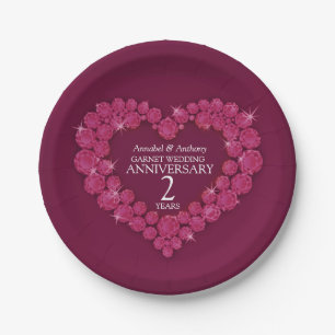 2nd Wedding Anniversary garnet red heart Round Pil Paper Plate