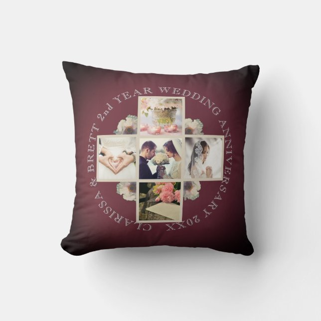 2nd Yr. Wedding Anniversary Cotton 5 Photos Garnet Cushion (Front)