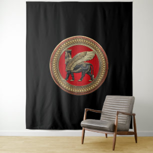[300] Assyrian Winged Bull: Gold and Black Lamassu Tapestry