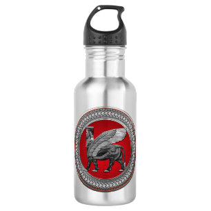 [300] Assyrian Winged Bull: Silver & Black Lamassu 532 Ml Water Bottle