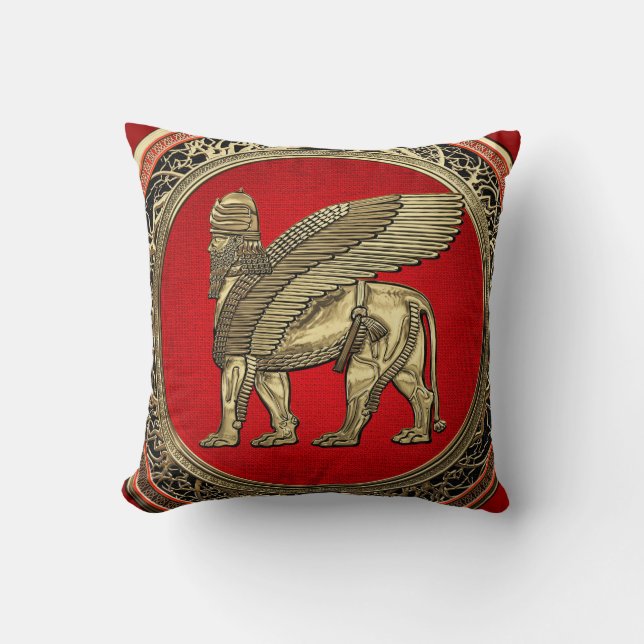 [300] Assyrian Winged Lion - Gold Lamassu Cushion (Front)