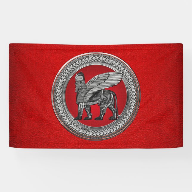 [300] Assyrian Winged Lion: Silver & Black Lamassu Banner (Horizontal)