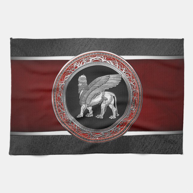 [300] Assyrian Winged Lion - Silver Lamassu Tea Towel (Horizontal)