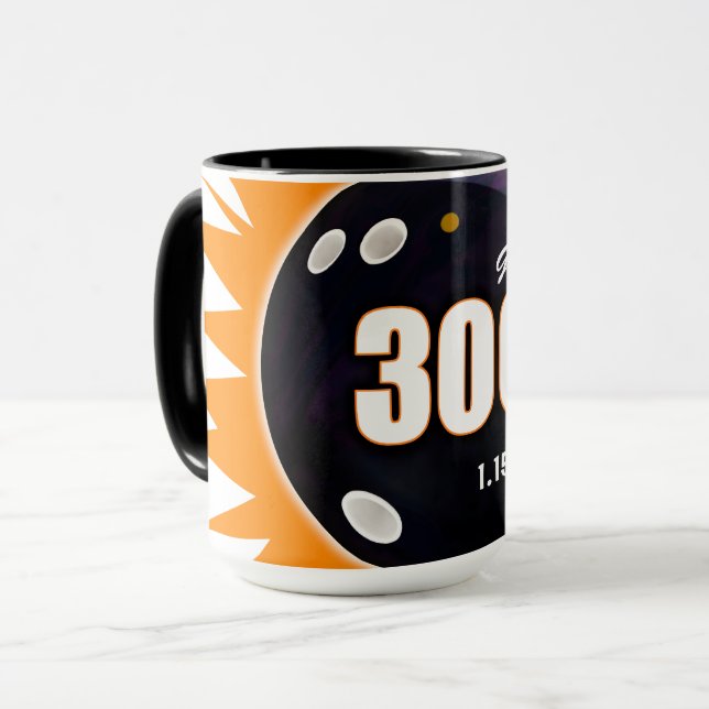 300 Game Orange & Black, with date bowled, Mug (Front Left)
