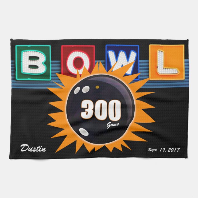 300 Game Orange & Black with Neon BOWL sign Tea Towel (Horizontal)