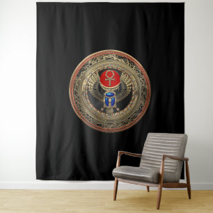 [300] Sacred Gold Egyptian Winged Scarab with Ankh Tapestry