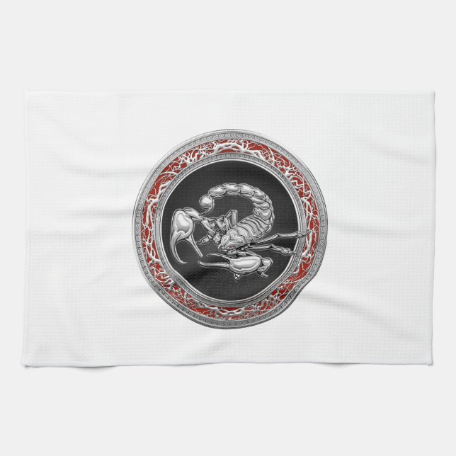 [300] Sacred Silver Scorpion on Black Tea Towel (Horizontal)