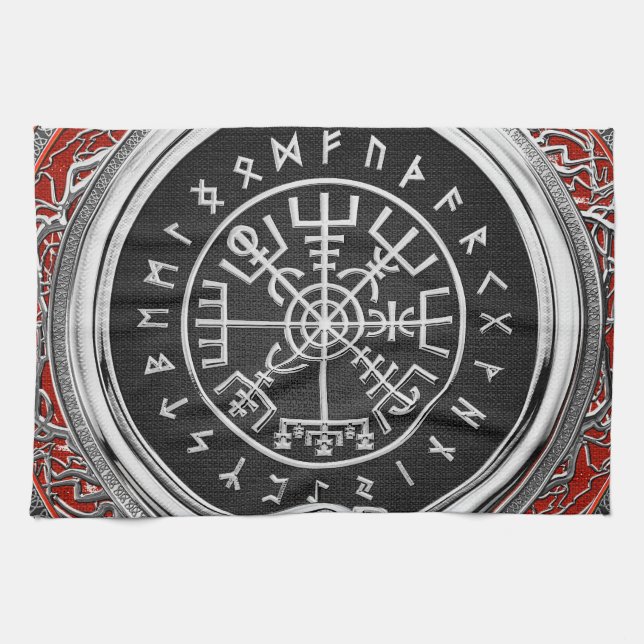 [300] Vegvisir - Viking Silver Magic Runic Compass Tea Towel (Horizontal)