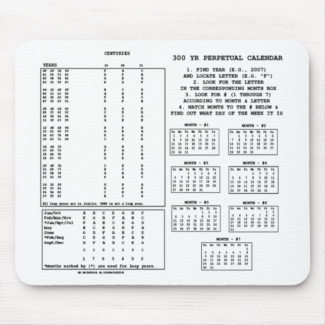 300 Year Perpetual Calendar (Day Of The Week) Mouse Pad (Front)