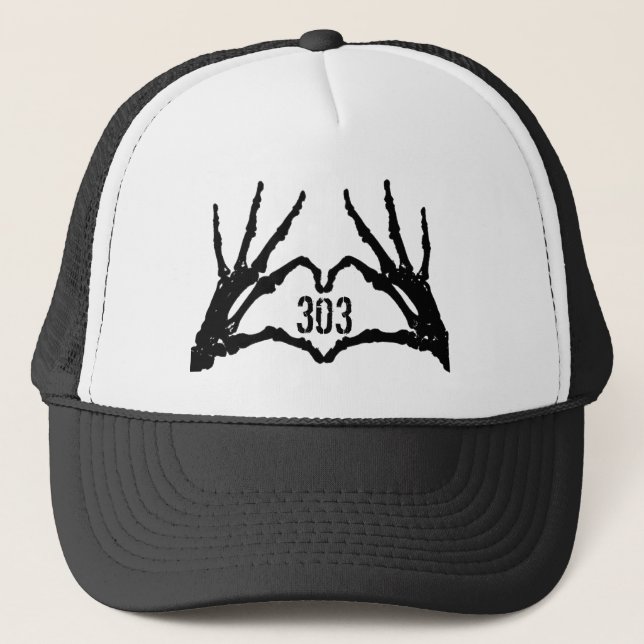 303Tattoo/303Worldwide Skull Heart Hands Logo Trucker Hat (Front)