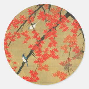 30. 紅葉小禽図, 若冲 Maple & Small Birds, Jakuchū Classic Round Sticker