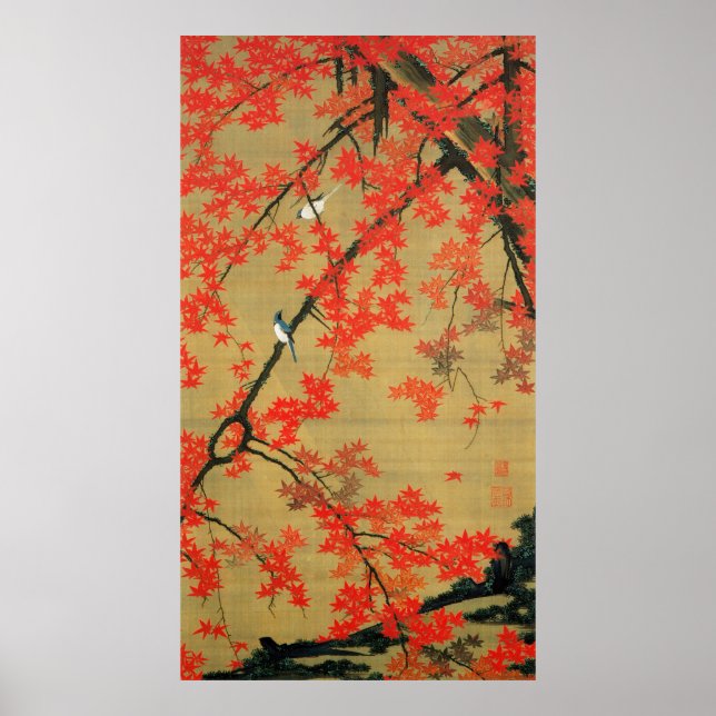 30. 紅葉小禽図, 若冲 Maple & Small Birds, Jakuchū Poster (Front)