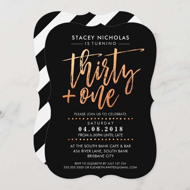 30+1 HAND LETTERED SCRIPT trendy faux copper black Invitation (Front/Back)