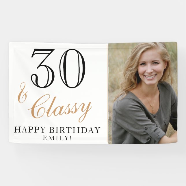 30 and Classy Elegant White 30th Birthday Photo Banner (Horizontal)