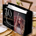 30 and Fabulous Elegant Black 30th Birthday Photo Large Gift Bag<br><div class="desc">30 and Fabulous Elegant Black 30th Birthday Photo Gift Bag. 30 and fabulous text in trendy script with a name on a black background. Personalise it with your photo,  name and age. It`s a great personalised photo gift bag for a woman`s birthday.</div>