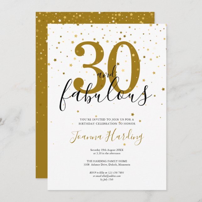 30 and Fabulous Elegant Gold and Black Birthday Invitation (Front/Back)