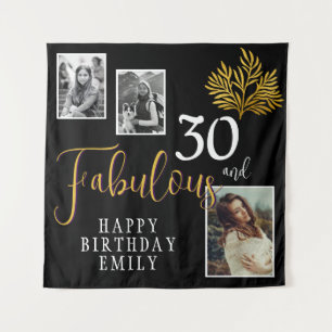 30 and Fabulous Gold Foliage 3 Photo Birthday Tapestry
