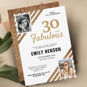 30 and Fabulous Gold Glitter 2 Photo 30th Birthday Invitation