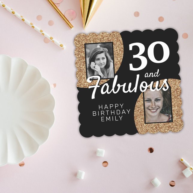 30 and Fabulous Gold Glitter 2 Photo 30th Birthday Paper Coaster (Creator Uploaded)