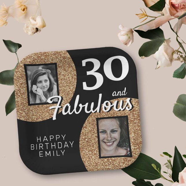 30 and Fabulous Gold Glitter 2 Photo 30th Birthday Paper Plate (Creator Uploaded)