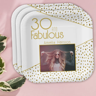 30 and Fabulous Gold Glitter Photo 30th Birthday Paper Plate