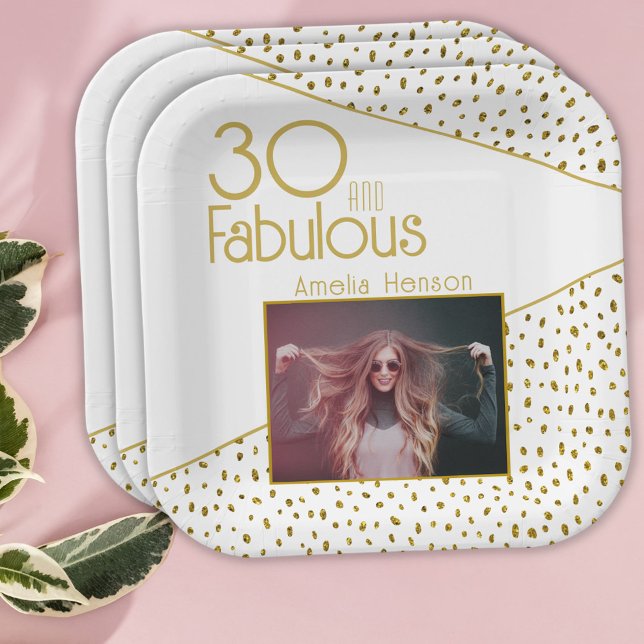 30 and Fabulous Gold Glitter Photo 30th Birthday  Paper Plate (Creator Uploaded)