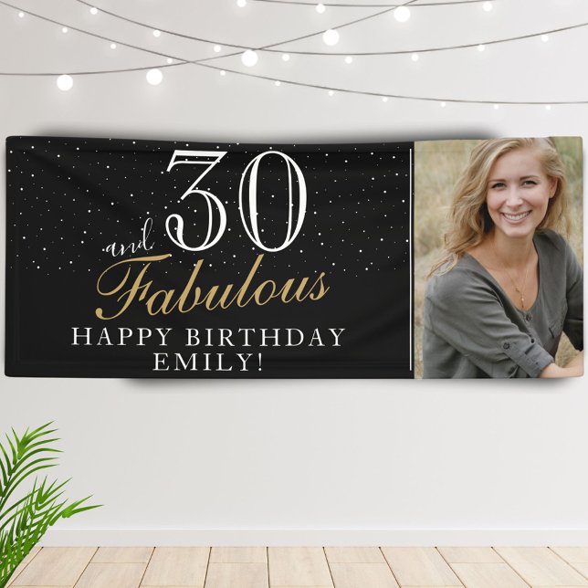 30 and Fabulous Modern Black 30th Birthday Photo Banner (Creator Uploaded)