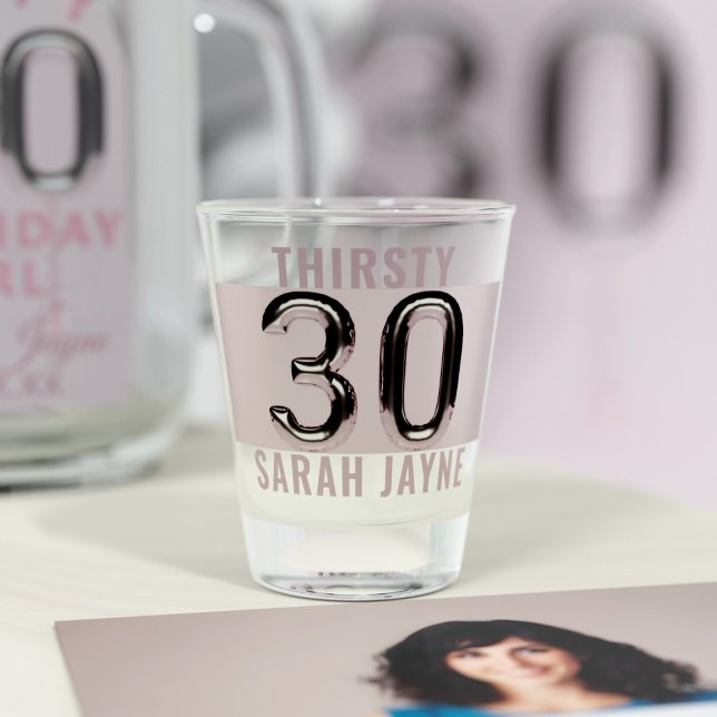 30 Birthday Balloon Personalised Shot Glass (Happy 30th Birthday! Take a shot! A pink and silver shot glass to remember the day. Add your name!)