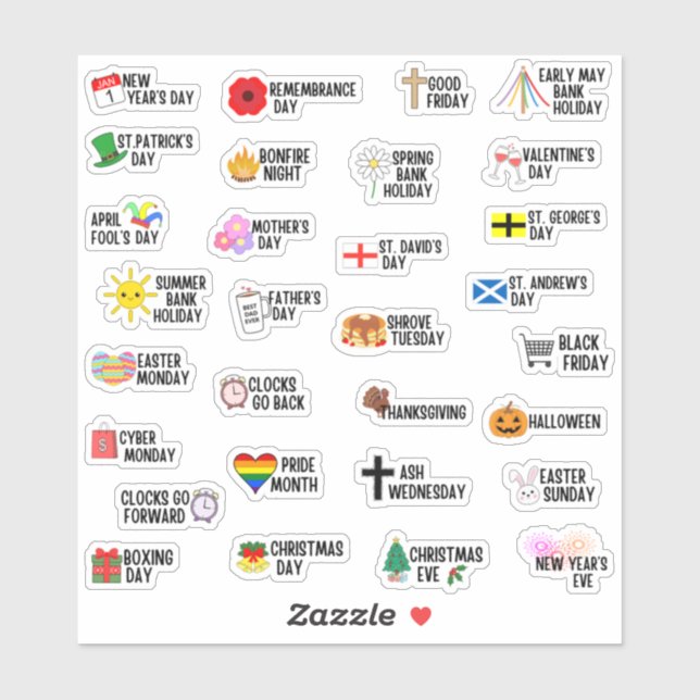 30 British UK Public Holiday Special Days Planner (Sheet)