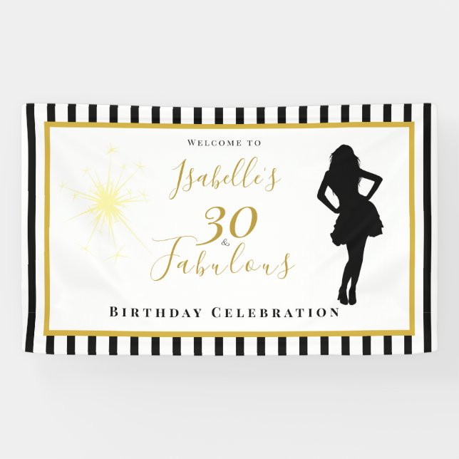 30 & Fabulous Birthday Banner Black & Gold (Horizontal)