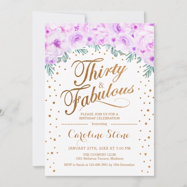 30 Fabulous Birthday Party - White Gold Purple Invitation (Front)