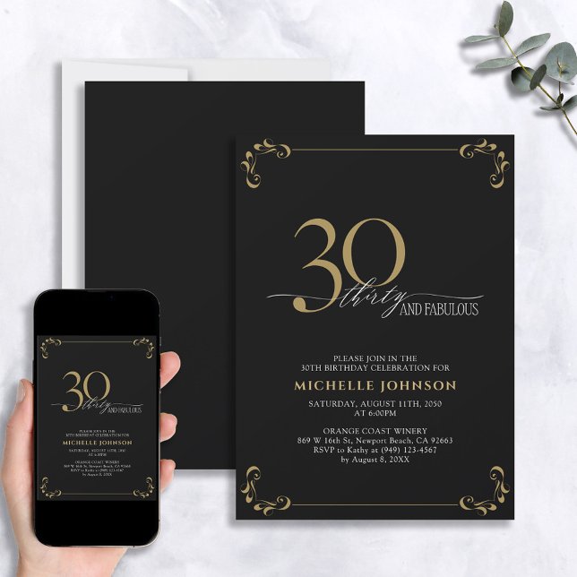 30 & Fabulous Black & Gold Calligraphy Birthday In Invitation (Creator Uploaded)