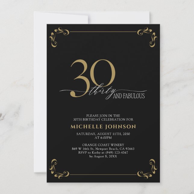 30 & Fabulous Black & Gold Calligraphy Birthday Invitation (Front)