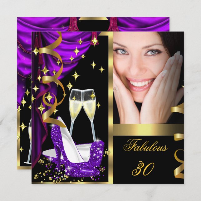 30 Fabulous & Fantastic Purple Champagne Party 3 Invitation (Front/Back)