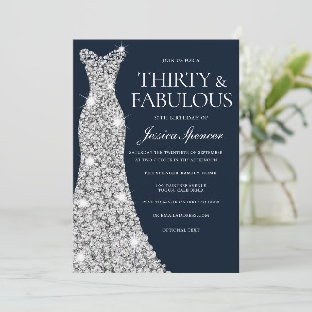 30 & Fabulous!! Silver Diamond Gown 30th Birthday Invitation (Standing Front)