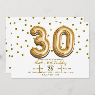30 Gold Balloons & Confetti 30th Birthday Party Invitation