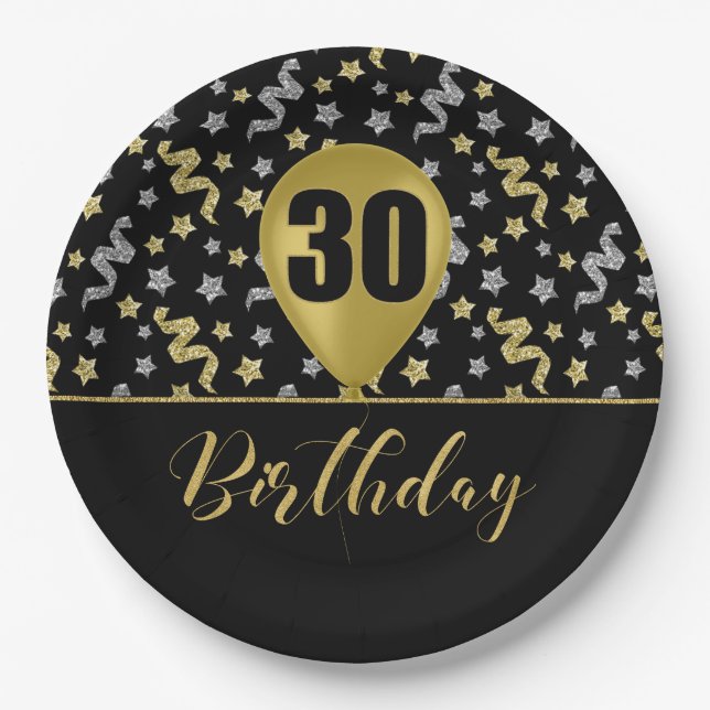 30 Gold Birthday Ballon on Black Gold Confetti Paper Plate (Front)