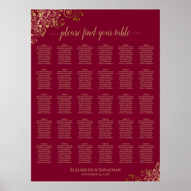 30 Gold Frills on Burgundy Wedding Seating Chart (Front)