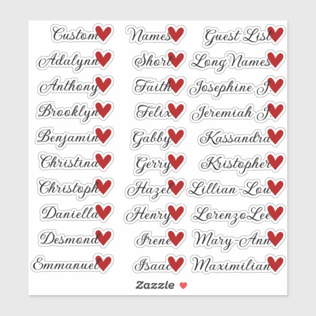 30 Names Custom Guest List Calligraphy Red Heart (Sheet)