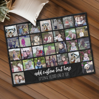 30 Photo Collage Grid - 2 Text boxes - black white Fleece Blanket