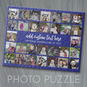 30 Photo Collage Grid - 2 Text boxes - blue white Jigsaw Puzzle